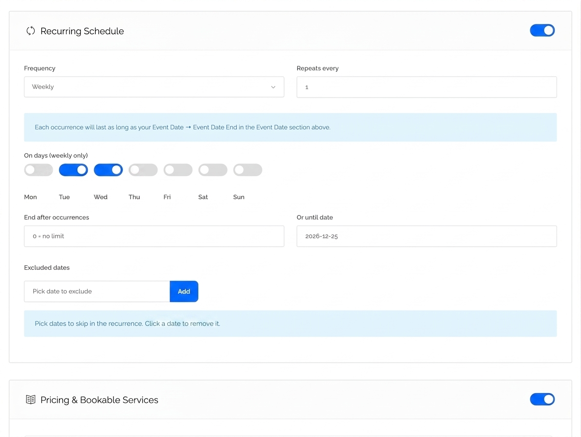 Recurring schedule configuration in the Listeo dashboard