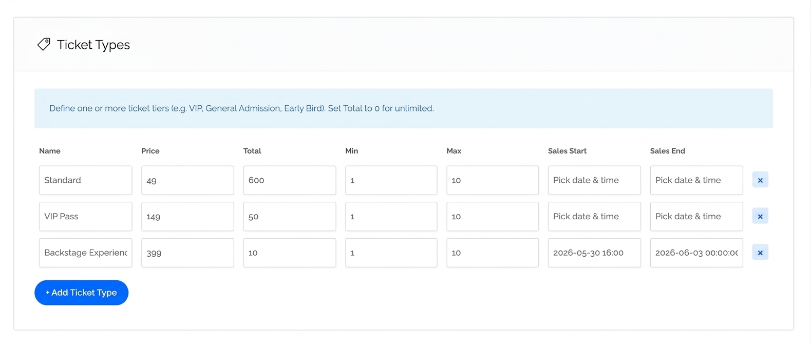 Event ticket types configuration in the Listeo dashboard