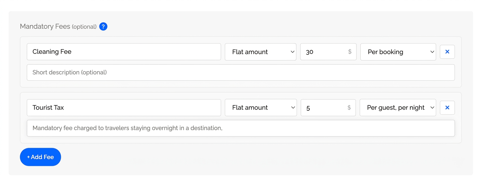 Mandatory fees editor in the Listeo dashboard, with cleaning fee and tourist tax rows
