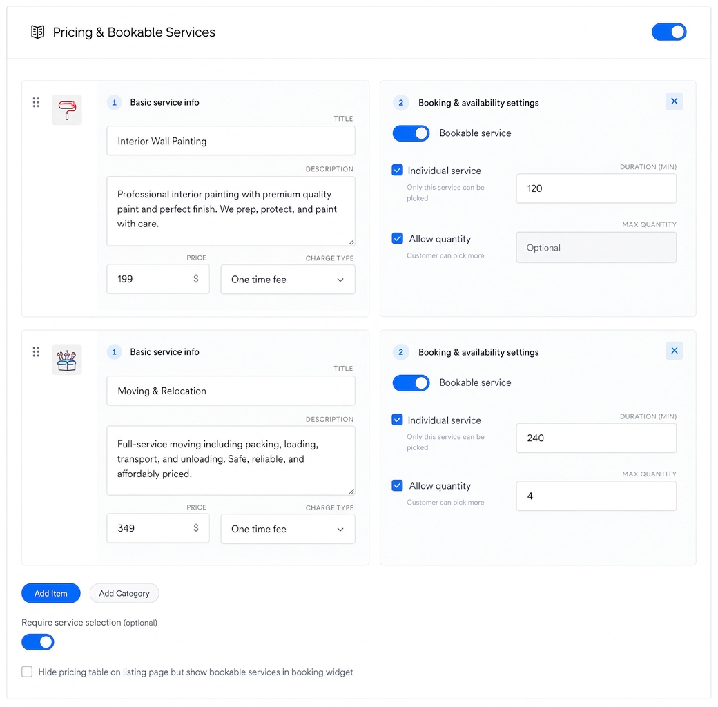 Bookable services and pricing settings in the Listeo dashboard