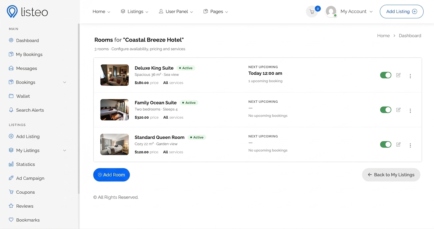 Room resource management page in the Listeo dashboard, listing rooms with pricing, services and availability