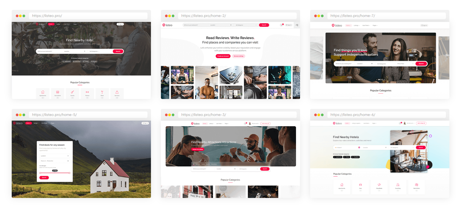 Six pre-built Listeo directory homepage designs
