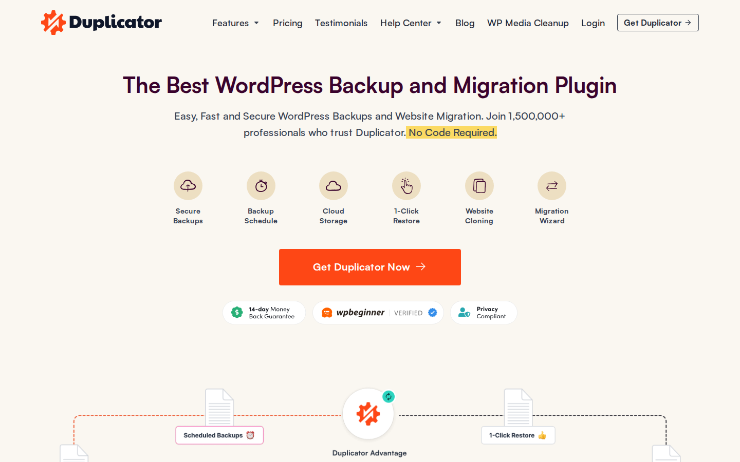 Duplicator plugin homepage with migration features