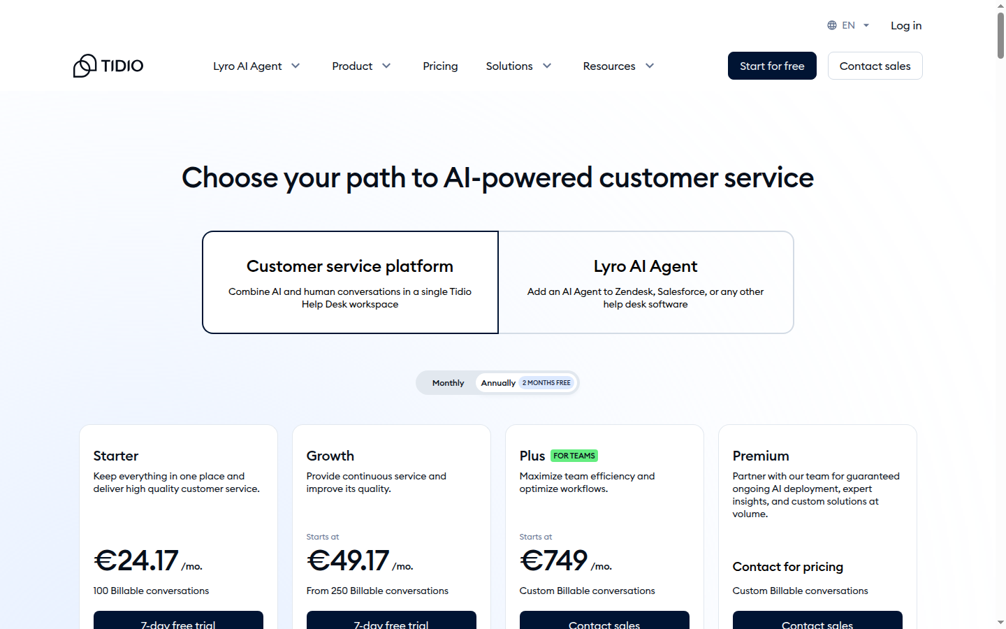 Tidio pricing page showing Plus Teams plan at €749 per month