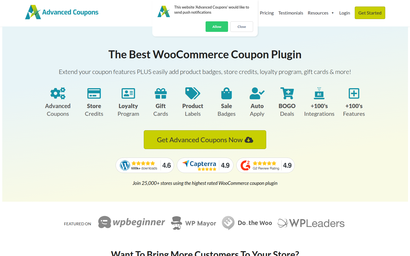 Advanced Coupons homepage screenshot