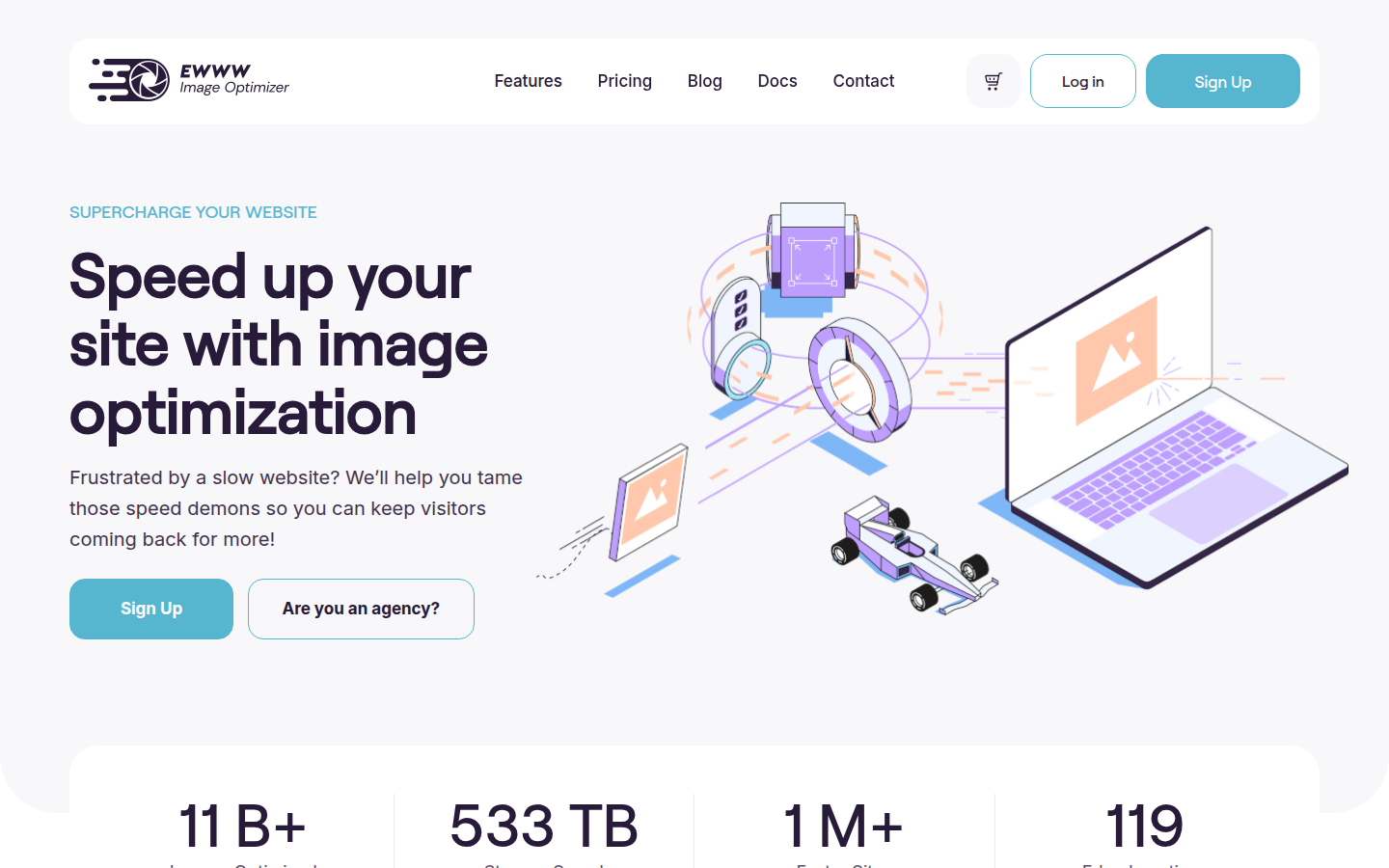 EWWW Image Optimizer homepage screenshot focused on privacy and compression features