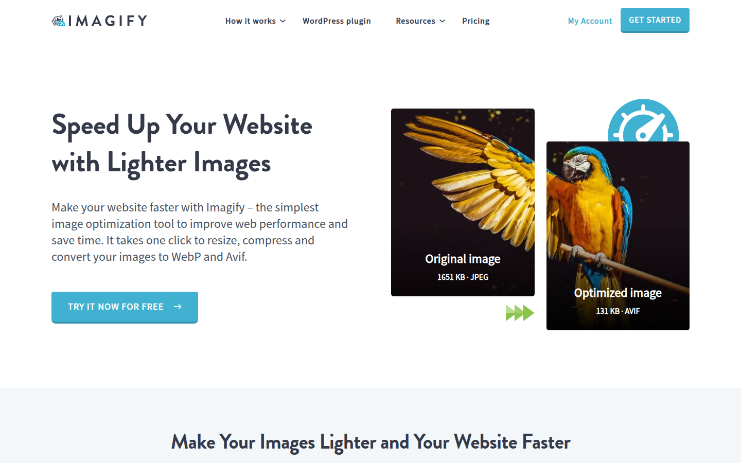Imagify homepage screenshot showing image compression for WordPress