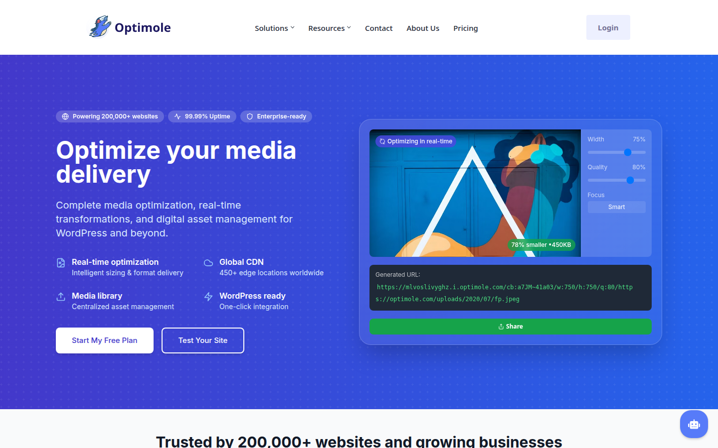Optimole homepage screenshot showing cloud-based WordPress image delivery
