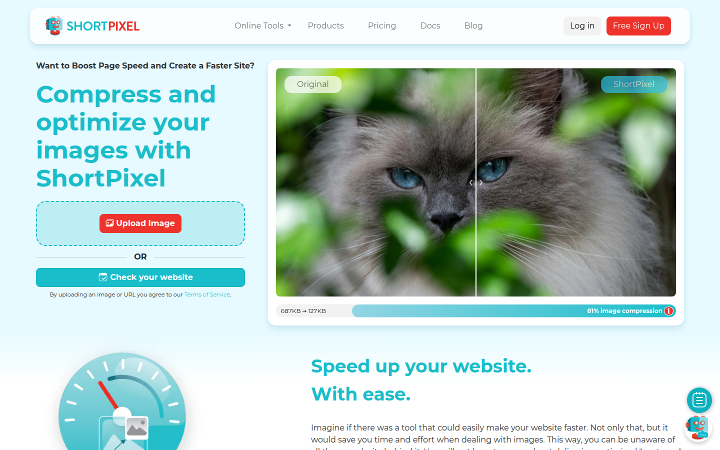 ShortPixel homepage screenshot with image compression and next-gen format support