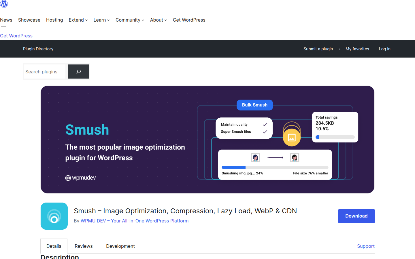 Smush homepage screenshot showing the WordPress image optimization plugin