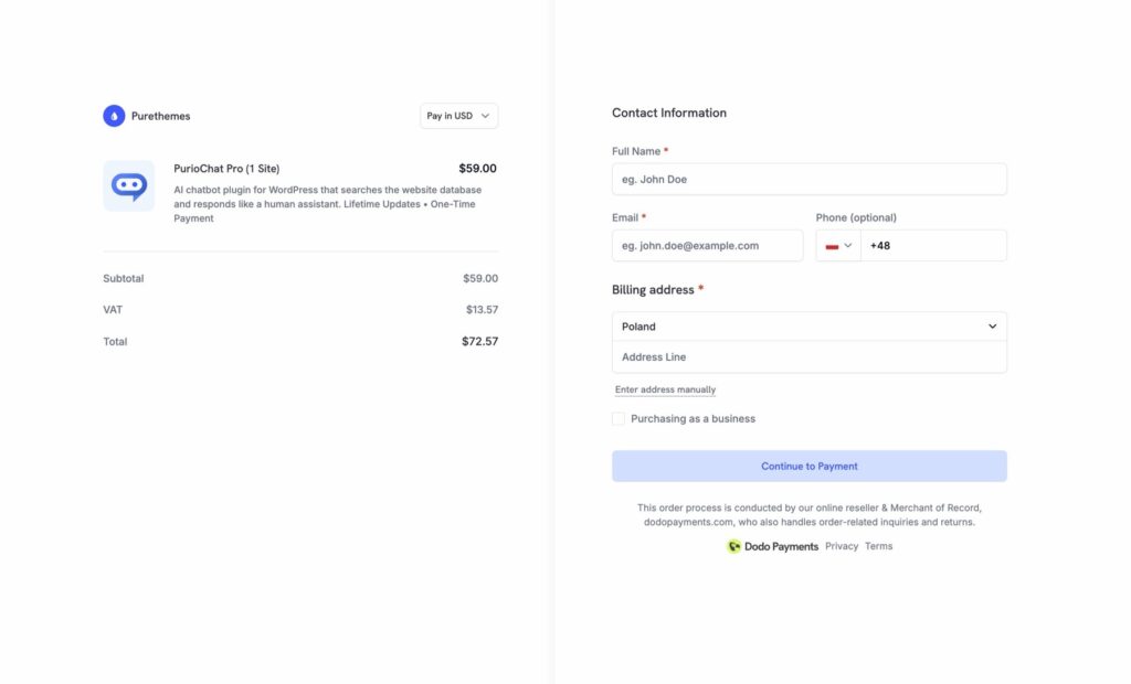 Dodo Payments checkout for PurioChat Pro showing VAT and contact/billing form