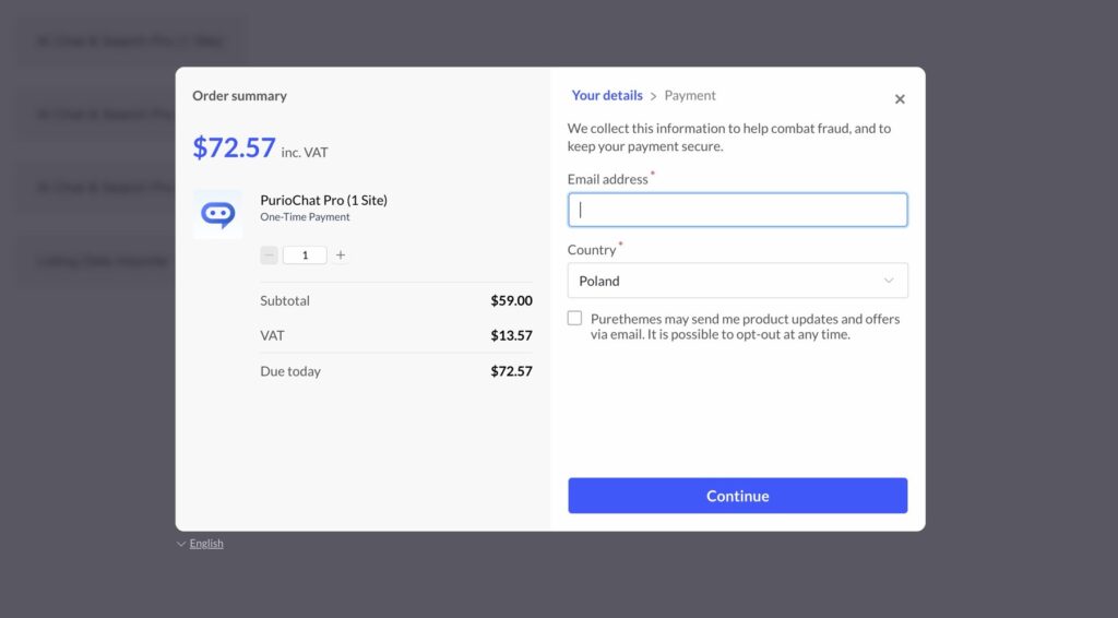 Paddle checkout for PurioChat Pro showing order summary, VAT included, and details step