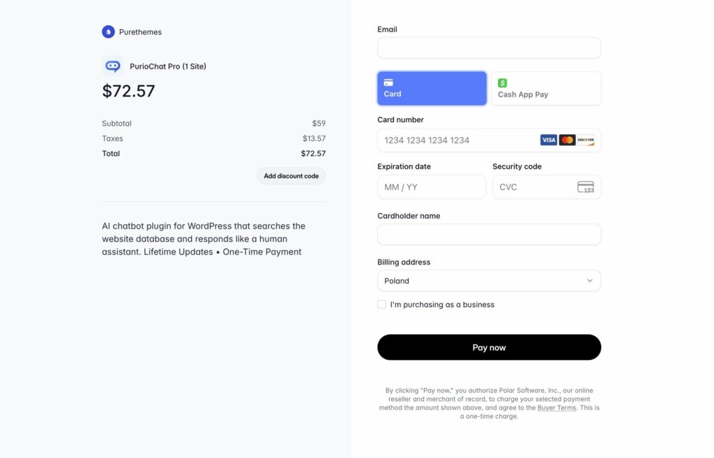Polar checkout for PurioChat Polar checkout for PurioChat Pro showing card payment, taxes, and one-time charge wording