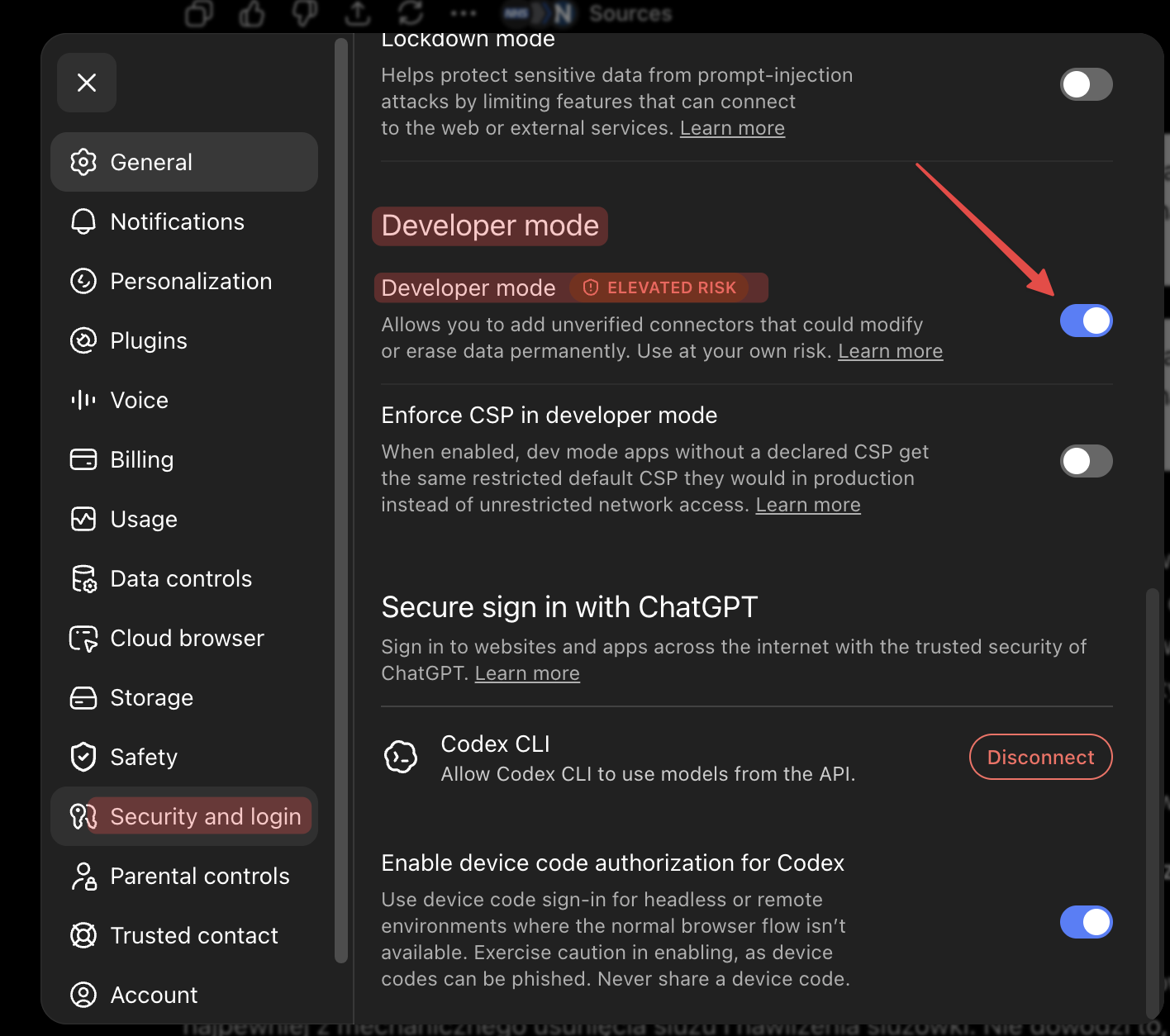 ChatGPT Developer mode enabled under Security and Login settings