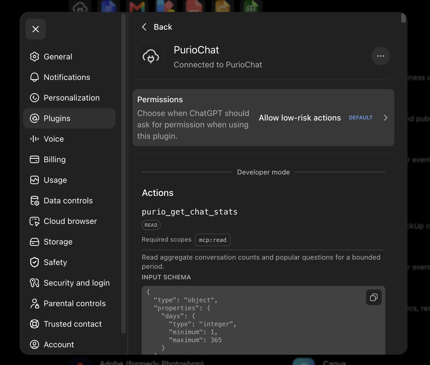 PurioChat connected in ChatGPT with discovered WordPress MCP actions