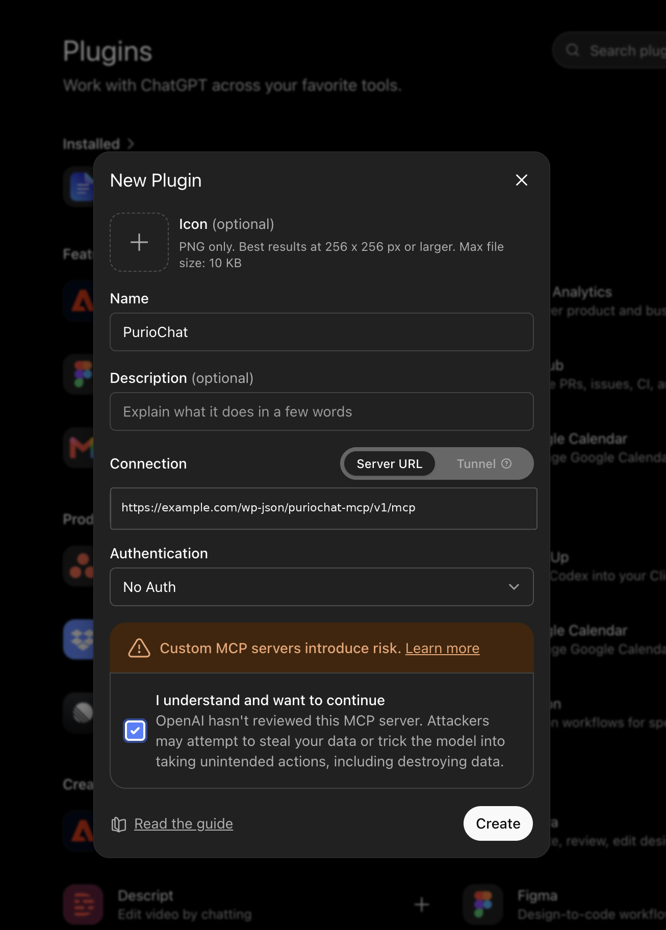 PurioChat added to ChatGPT as a custom MCP plugin using a server URL