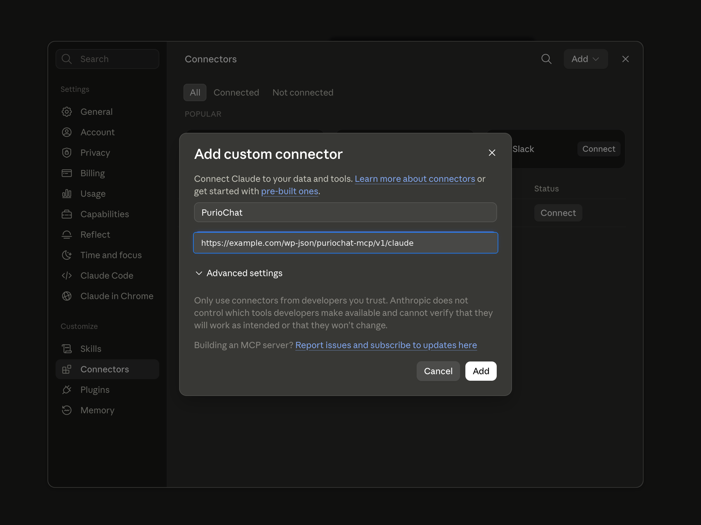 PurioChat added to Claude as a custom connector using the Claude MCP address