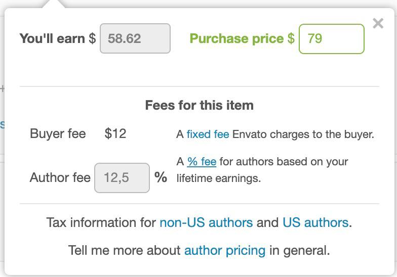 Envato author fee calculator showing $79 purchase price, $12 buyer fee, 12.5% author fee, and $58.62 earnings