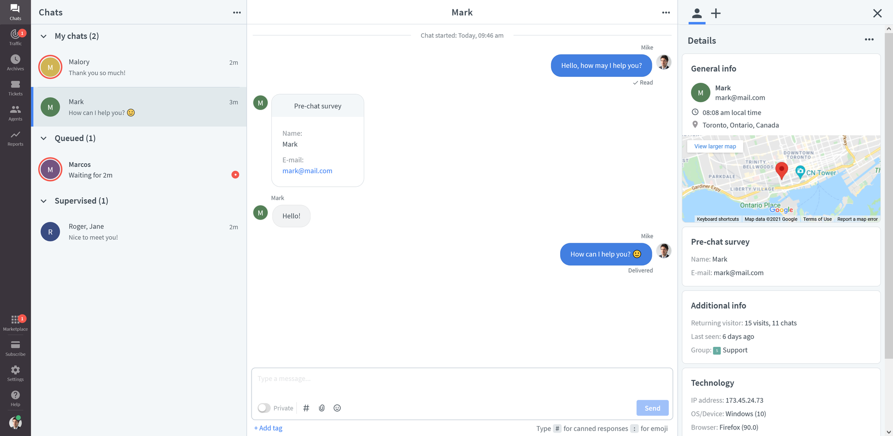 LiveChat agent application with chat list and active conversation