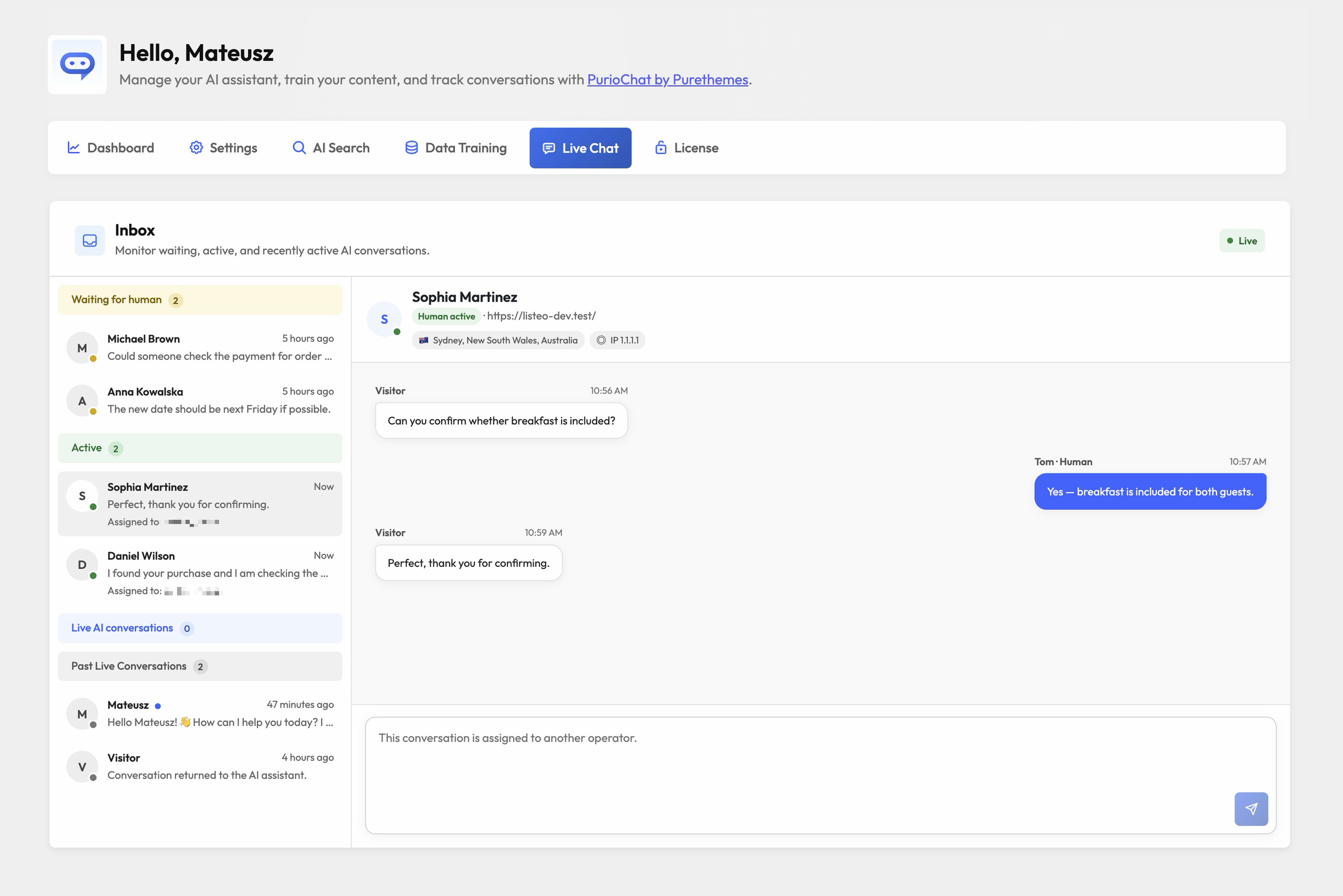 PurioChat Live Chat inbox inside WordPress
