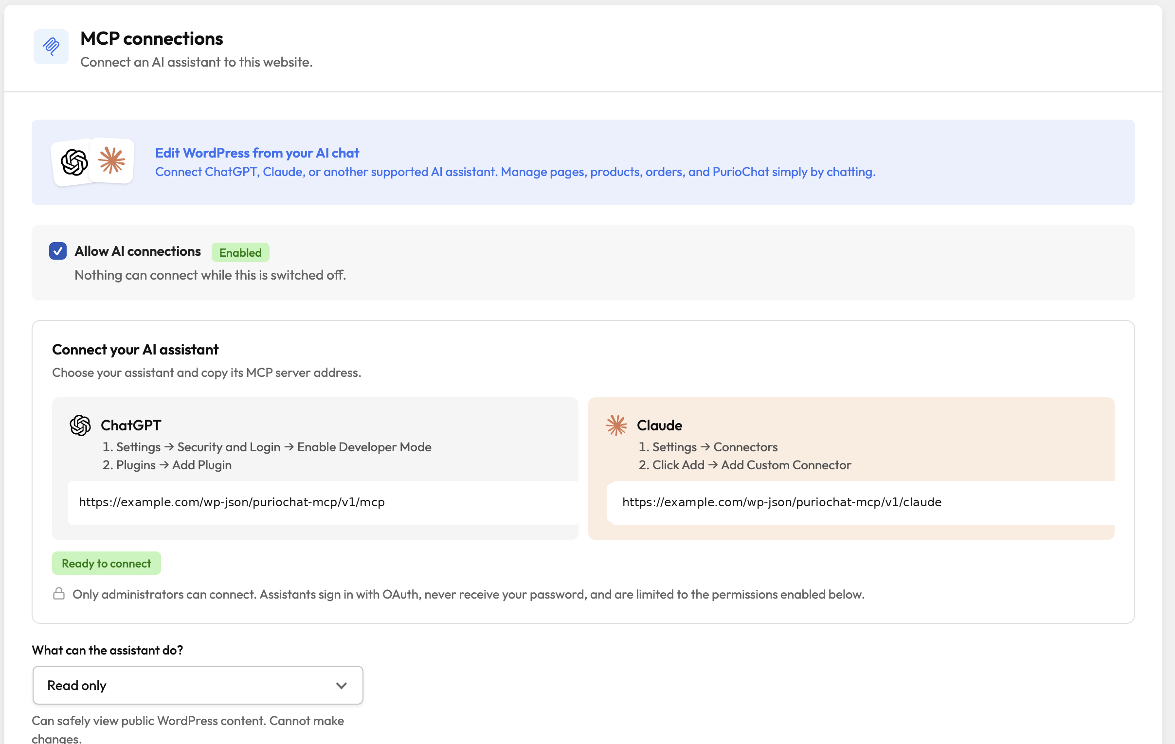 PurioChat MCP settings with separate ChatGPT and Claude server addresses