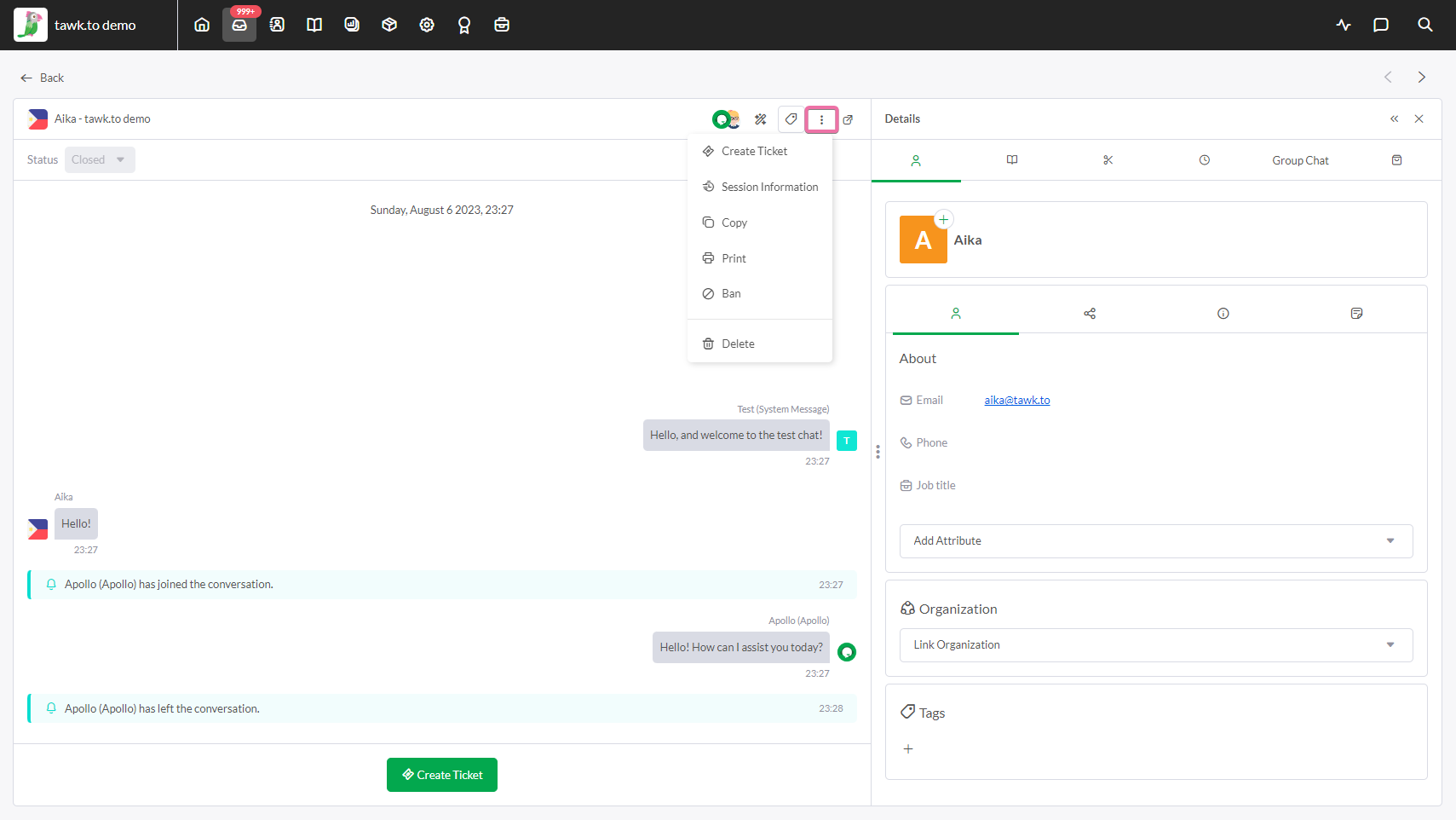 tawk.to live chat inbox with conversation and visitor details