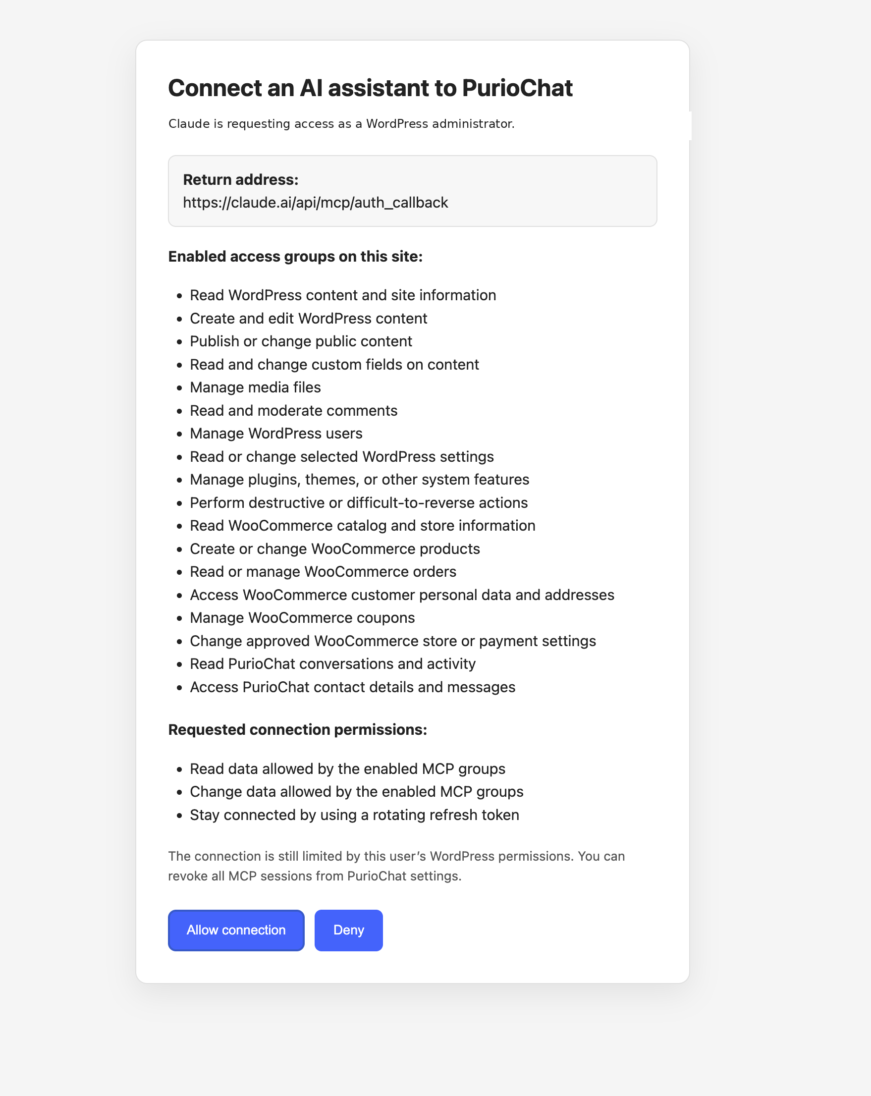 WordPress OAuth approval screen listing PurioChat MCP access groups