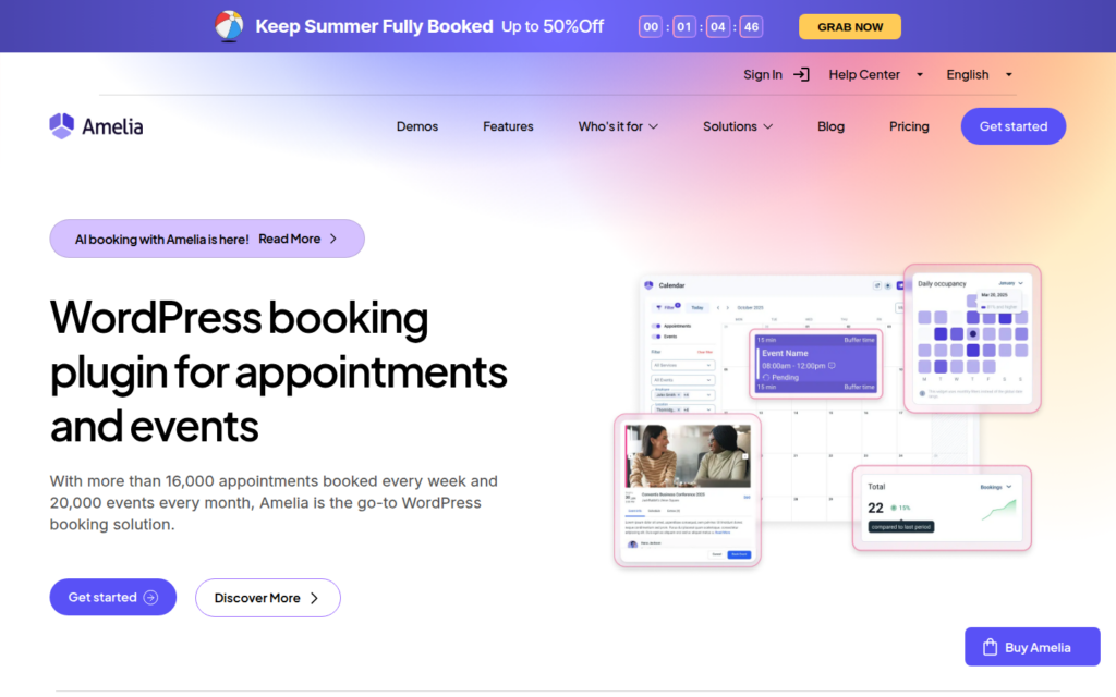 Amelia WordPress booking plugin dashboard and booking interface