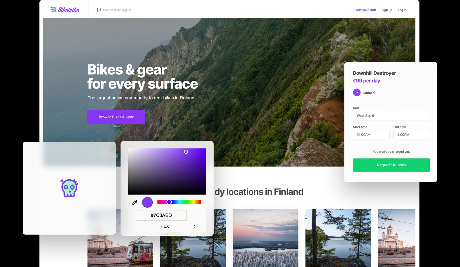 Sharetribe marketplace layout and branding interface with booking card and color editor
