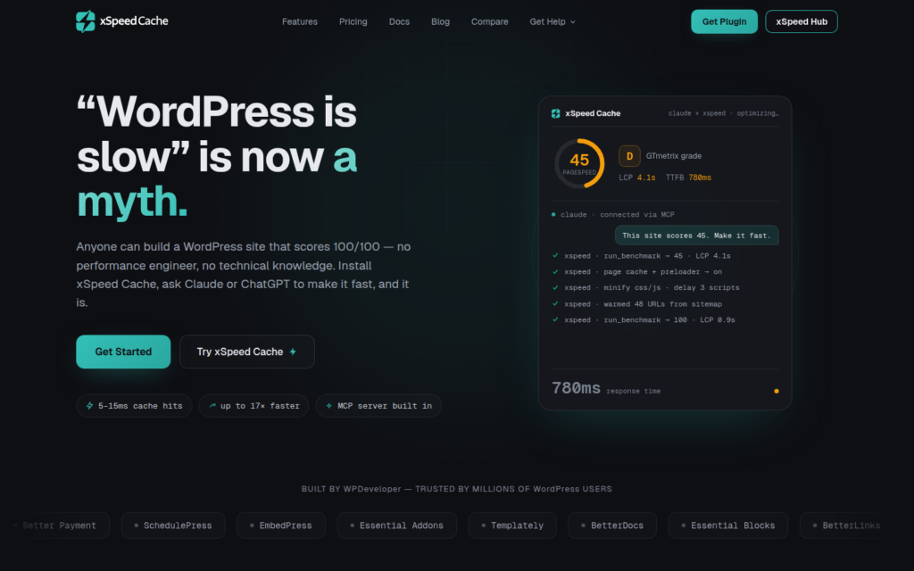 xSpeed Cache homepage showing its current AI performance and MCP interface